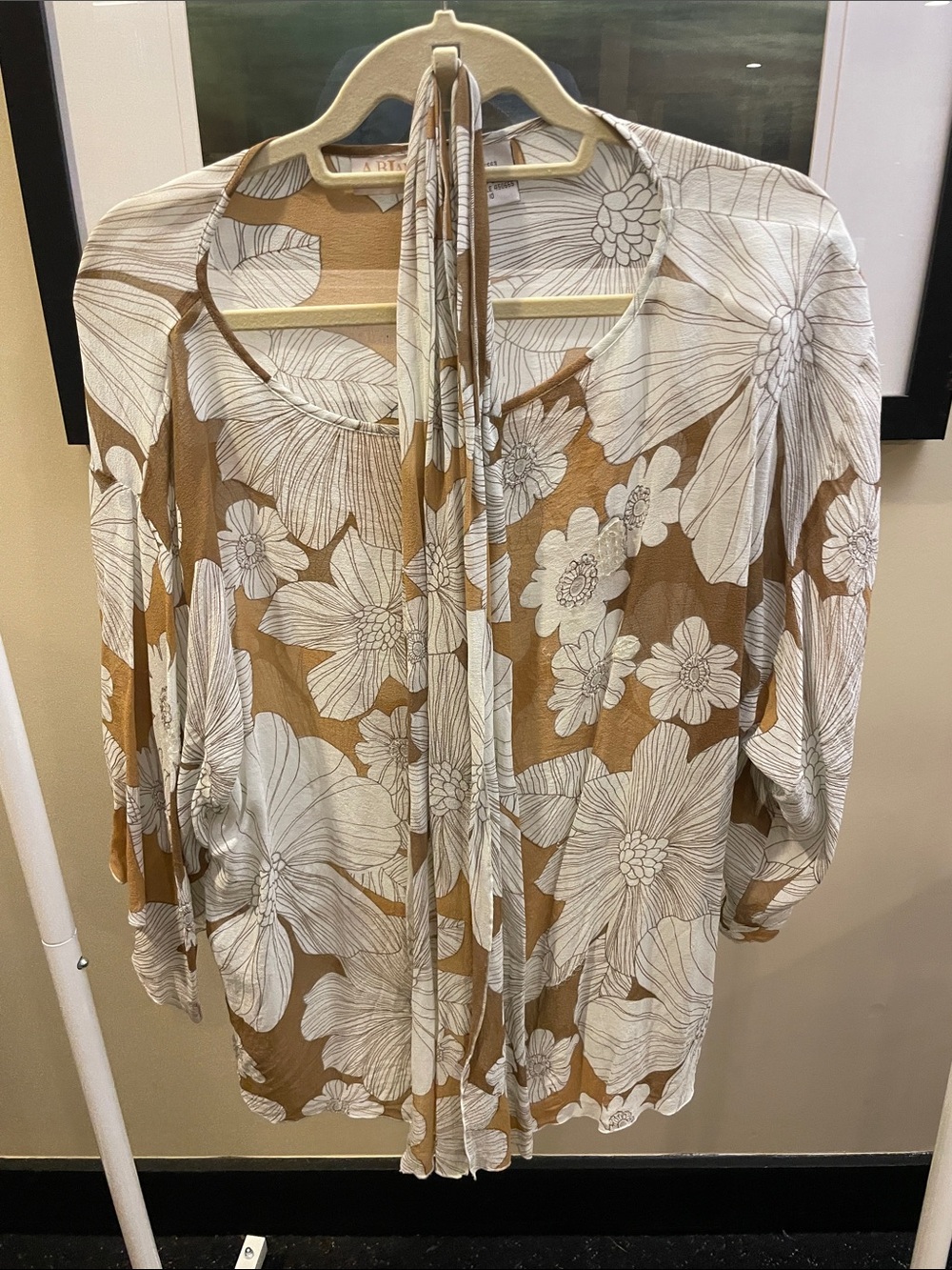 AB Lambdin. 10. Women's Floral Tie-Neck Blouse in Beige and White